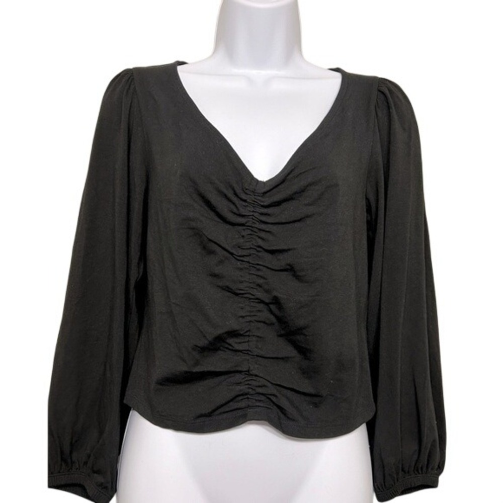 Banana Republic Womens Black Ruched V-Neck Long Sleeve Top XS New